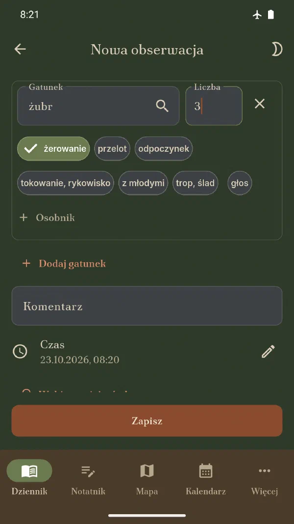 Nowa obserwacja: gatunek, liczba, zachowanie i czas